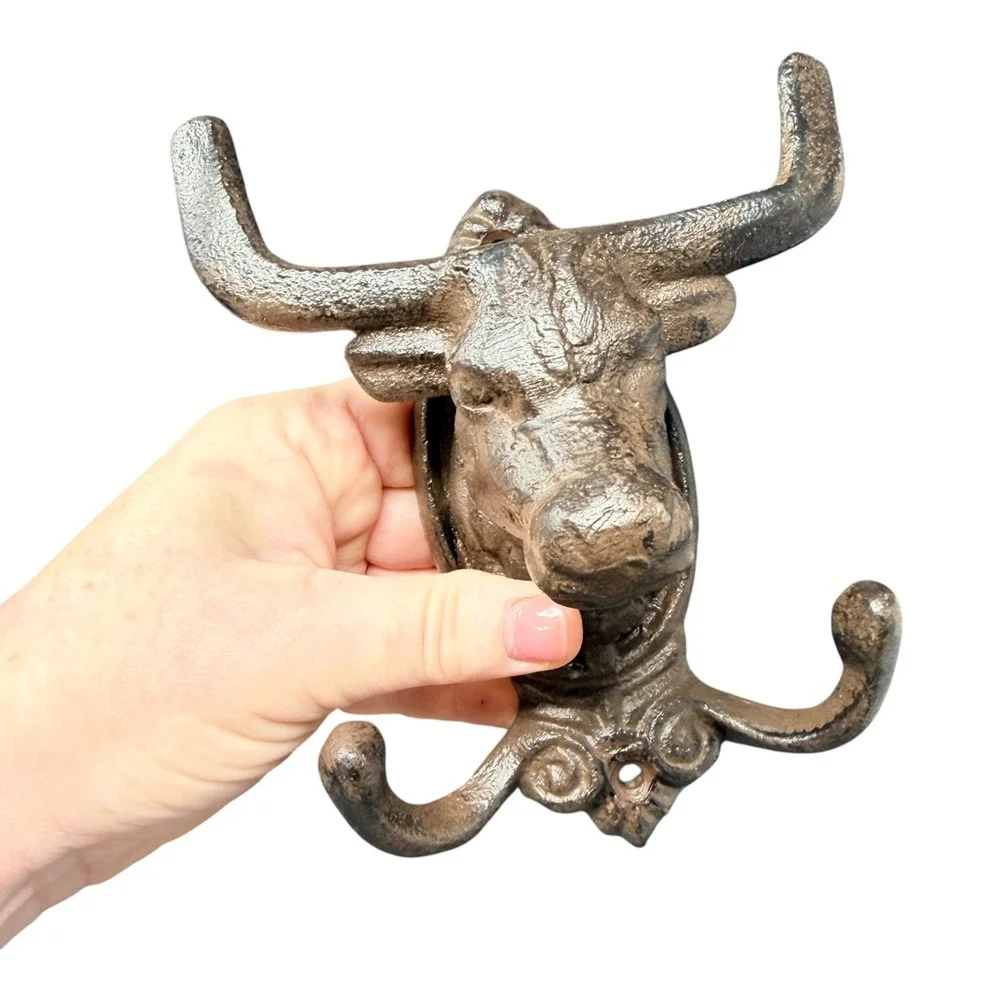 Cast Iron Bull Double Wall Hook Western Ranch Farmhouse Decor